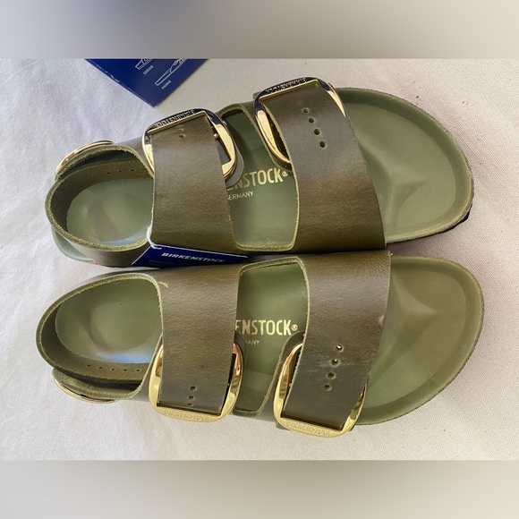 Birkenstock Milano Big Buckle Olive Green Sandals with Gold Hardware Accents W11 - Picture 7 of 11